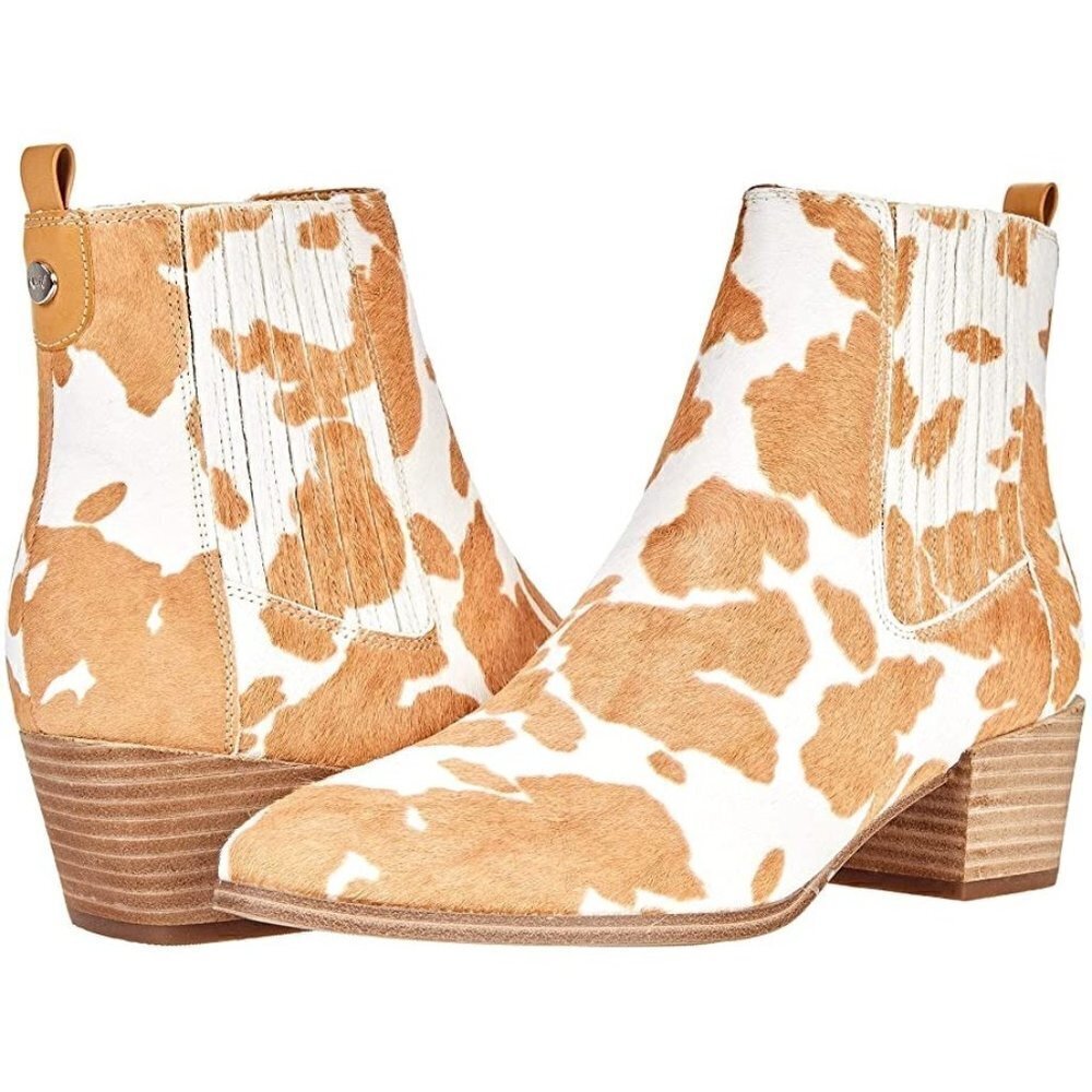 NIB Haircalf Ankle Chelsea Boots Booties White Camel Stacked Heel Women Size 5